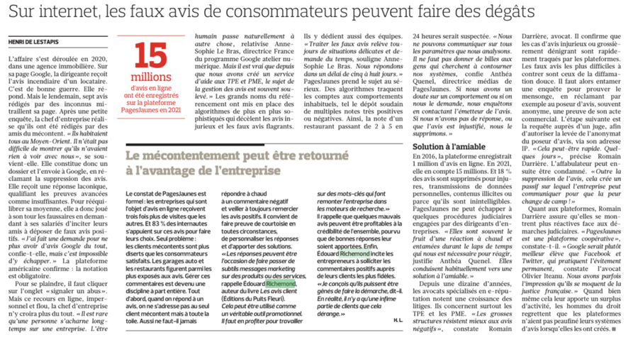 Article du Figaro Entreprendre sur les avis clients